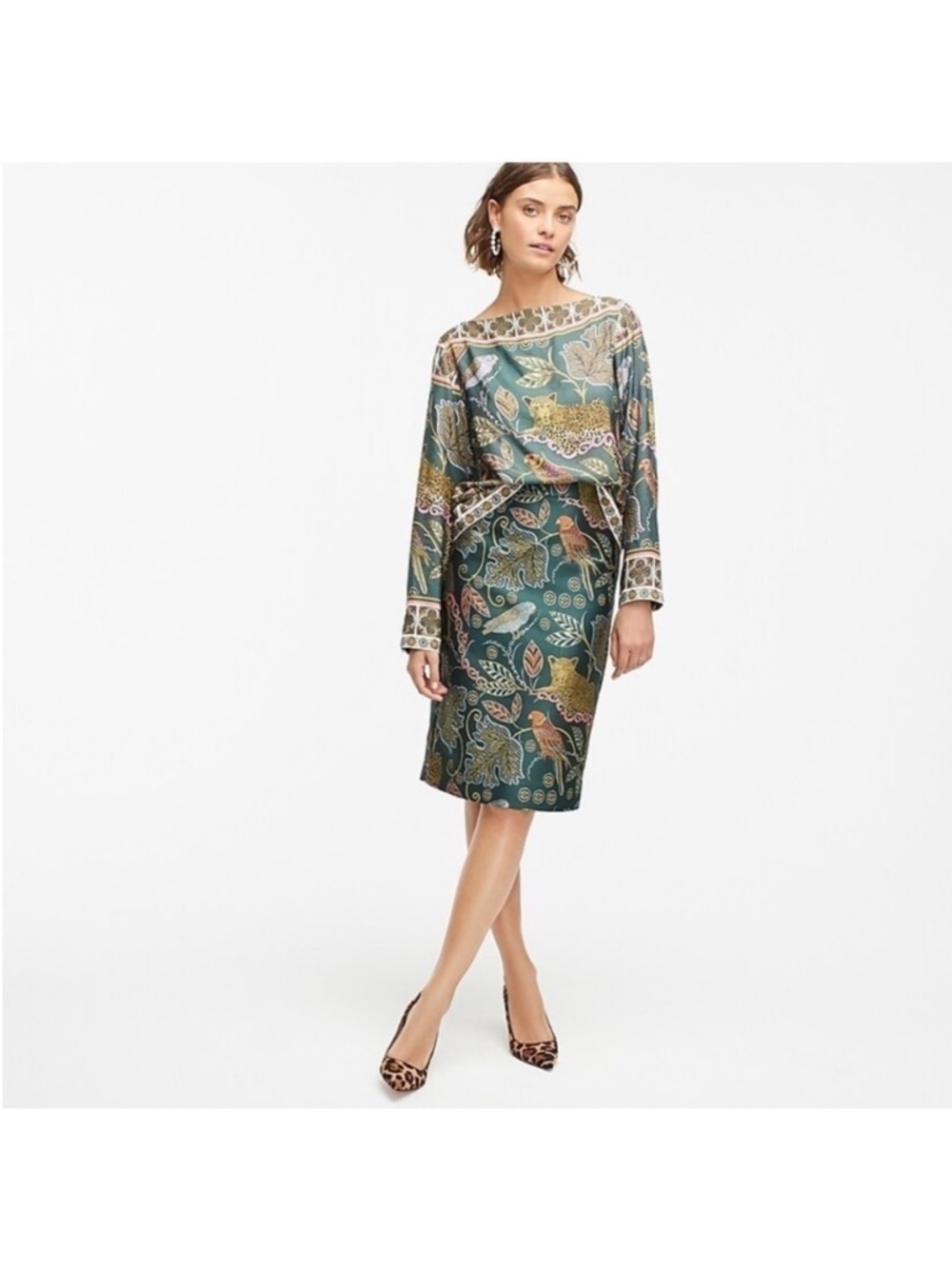J.CREW 2 Pc Skirt & Blouse Set Green Ornate Jungle Leopard Bird Floral 4/Small